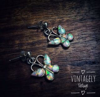 Vintage Sterling Silver 925 Opal Petite Butterfly Dangle Earrings