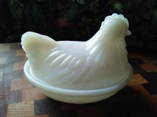 Vintage White Milk Glass Hen on Nest Chicken Rooster Lid Bowl Dish Opalescent 2