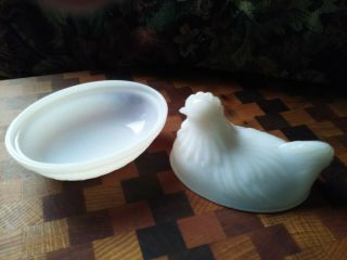 Vintage White Milk Glass Hen on Nest Chicken Rooster Lid Bowl Dish Opalescent 4