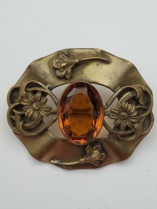 Vintage Estate Jewelry Large Art Nouveau Topaz Color Faceted Glass & Brass Pin