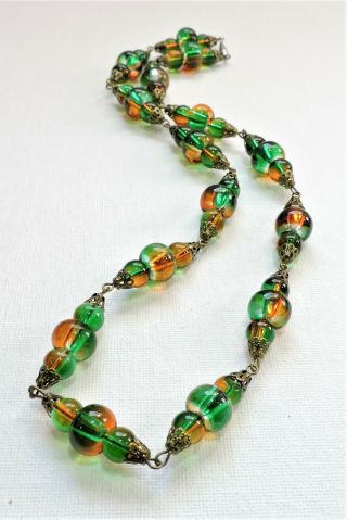Vintage Green And Orange Lampwork Art Glass Bead Necklace Au1904
