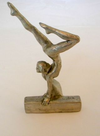 Vintage Cast Aluminum Sculpture,  Art Deco,  Gymnast On Balance Beam,  Signed,  Nr