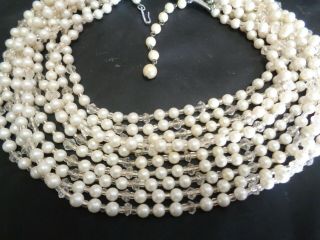 Vintage Japan Multi 10 Strand White Faux Pearl & Clear Glass Beaded Necklace