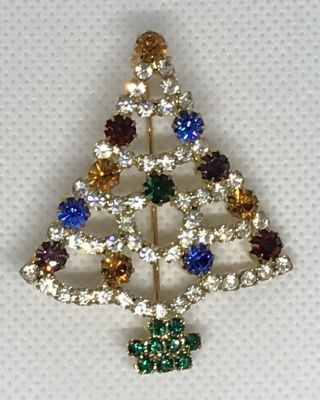 Vintage Art Deco Rhinestone Christmas Tree Brooch Pin.  Designer Style