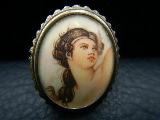 Vintage Brooch & Pendant Hand Painted Portrait Of Almost Nude Woman 
