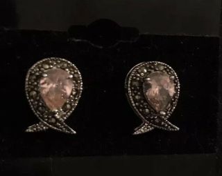 Vintage Pave Marcasite Pink Cz Art Deco Nouveau 925 Sterling Silver Earrings