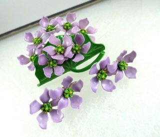Vintage Flower Brooch Earrings Set Enamel