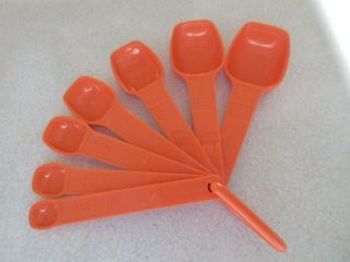 Vintage Orange Tupperware 7 Measuring Spoons Complete Set W/ Ring