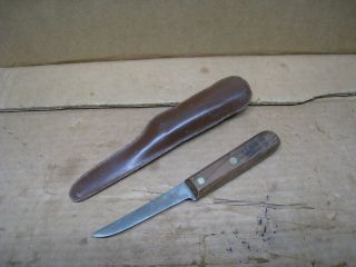 Vintage L L Bean Trout Fishing Knife With Leather Sheath Wooden Handle