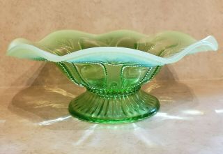 Vintage Green Opalescent Beaded Glass 8 " Ruffled Bowl With Foot