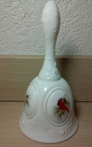 Vintage Signed Fenton Milk Glass Bell,  With Cardinals - Artist Signed A.  Farley