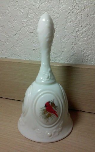 Vintage Signed Fenton milk glass bell,  with cardinals - Artist Signed A.  Farley 2