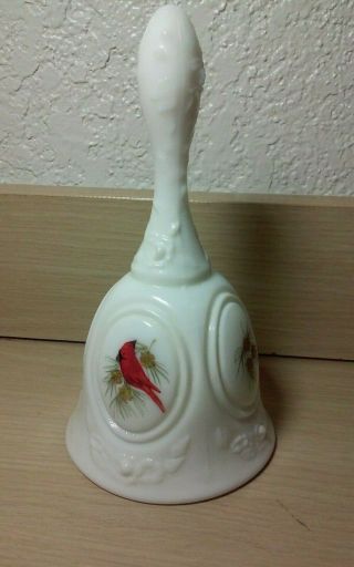 Vintage Signed Fenton milk glass bell,  with cardinals - Artist Signed A.  Farley 4