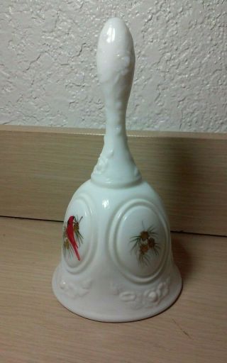 Vintage Signed Fenton milk glass bell,  with cardinals - Artist Signed A.  Farley 5