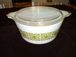 Vintage Pyrex Casserole Dish With Lid Verde Green Leaf Design 474 - B