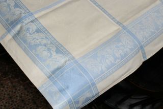 Vintage Blue And White Linen Tablecloth Flowers & Leaves Damask 44x44