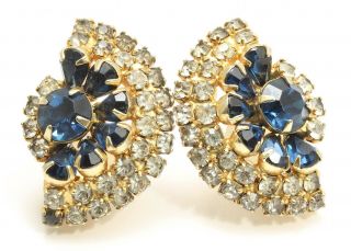 Vintage Carnegie Gold Tone Sapphire Crystal Rhinestone Flower Clip Earrings