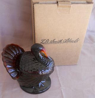 Vintage L.  E.  Smith Glass Co.  Amber - Cranberry Colored Covered Turkey Candy Dish
