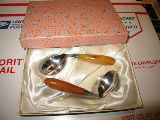 Vintage Napier Company Silver Plated Baby Feeding Set W/ Bakelite Handles Good C
