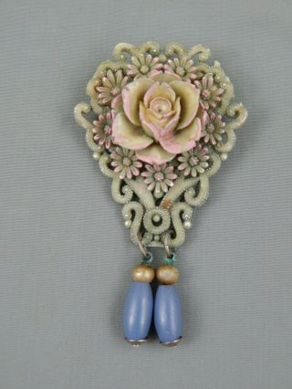 Vintage Art Deco Carved Celluloid Flower Enamel Dangle Drop Brooch Pin