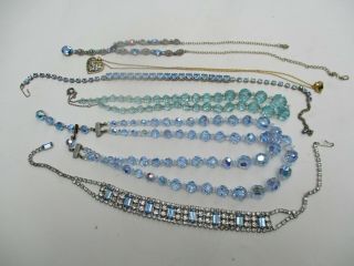 6 Vintage Blue Glass And Blue Rhinestone Necklaces