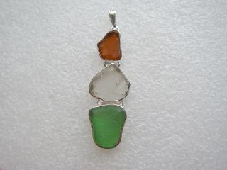 Vintage Sterling Silver Green Brown Clear Beach Glass Sea Tumbled Pendant