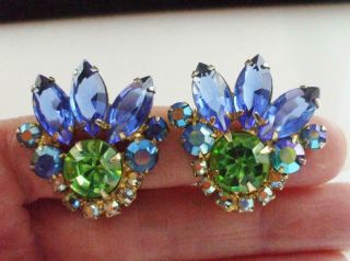 Vintage Blue Marquis,  Green & Ab Rhinestone Flower Earrings,  Clips