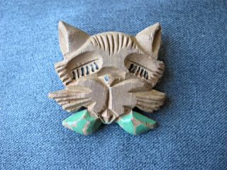 Vintage Carved And Painted Wooden Cat Kitten With Bow Huge Pin