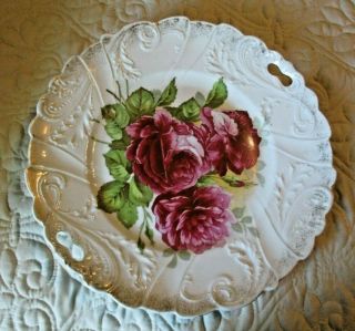 Vtg Porcelain 11 " Open Handled Cake Cabinet Plate Red Peonies Roses Raised Edge