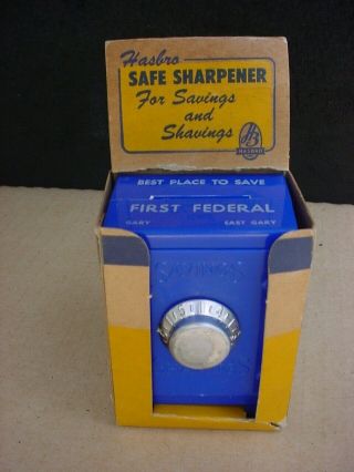 Vintage Hasbro Plastic Still Coin Safe Bank & Pencil Sharpener W/box