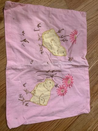 Appliqued & Embroidered Cotton Pillow Case Vintage Yellow Chicks Pink