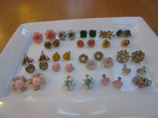 20 Pairs Of Vintage Clip & Screw On Earrings - Some Handmade Crochet Flowers