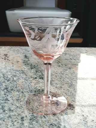Vintage Floral Etched Pink Depression Glass 2 Oz.  Cordial Stemmed Glass