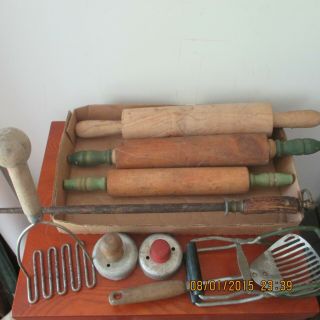 Vtg Set Of 9 Old Wood/ Metal Handled Kitchen Utensils Including 3 Rolling Pins