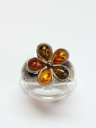 Vintage 925 Sterling Silver Amber Flower Daisy Ring Sz 8.  25