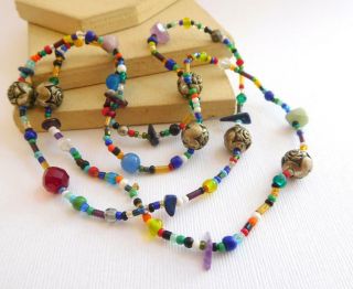 Vintage Multi - Color Rainbow Glass Gemstone Love Bead Necklace M11