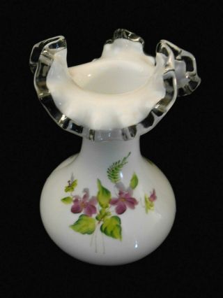 Vintage Fenton Glass White Vase Silver Crest White Ruffled Top Purple Flowers