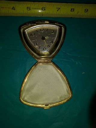 Vintage Travel Alarm Clock 7 Jewels Wind Up Folding Clam Shell Hard Case Germany