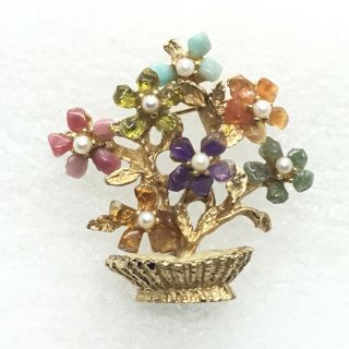 Vintage Flower Planter Brooch Pin Gemstone Chip Pearl Gold Tone Costume Jewelry