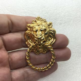 Vintage LION ' S HEAD DOOR KNOCKER BROOCH Pin Gold Tone Bust Costume Jewelry 2