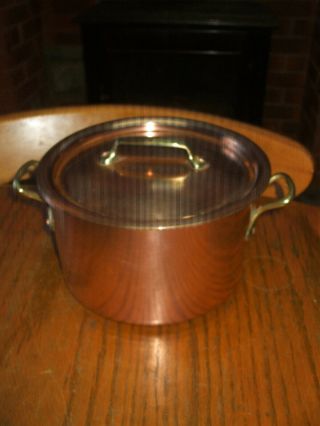 Vintage French Copper Cuisine Kitchen Casserole Stew Pan,  Lid Brass Handle 2.  5lt