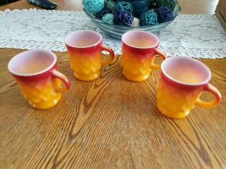 Vintage Set Of 4 Anchor Hocking Fire King Diamond Pattern Coffee Mug Cup Orange