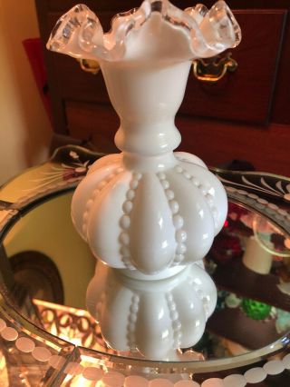 Vintage Fenton Beaded Melon Pattern Milk Glass Silver Crest Ruffle Edge 6 " Vase