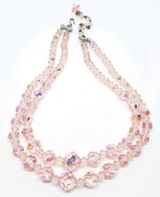 Vtg Faceted Pink Crystal Glass Aurora Borealis Graduated Double Strand Necklace