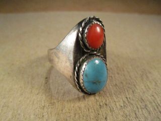 Vintage Sterling Silver & Turquoise/coral Ring,  Unsigned,  Size 10.  75,  14.  3g