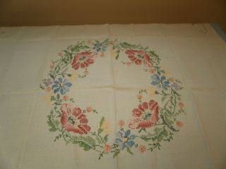 Vintage Hand Embroidered Cream Color Linen Tablecloth Flowers 48 " X 50 "