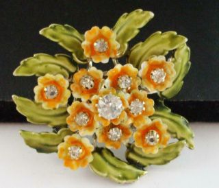 Pretty Vintage Coro Orange & Green Flower Pin Brooch W/clear Rhinestones