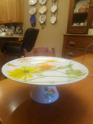 Vintage Seymour Mann Cake Plate Stand Pedestal Chrysanthemum Yellow Orange Green