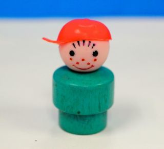Vintage Fisher Price Little People Wood Snowmobile Turquoise Boy Red Cap