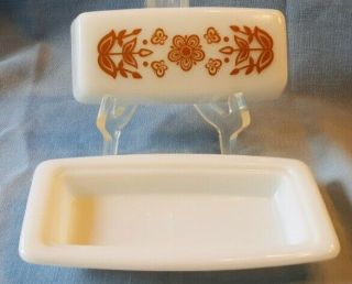 Vintage Pyrex Butterfly Gold Butter Dish White Opal Patterned Lid Yellow Orange